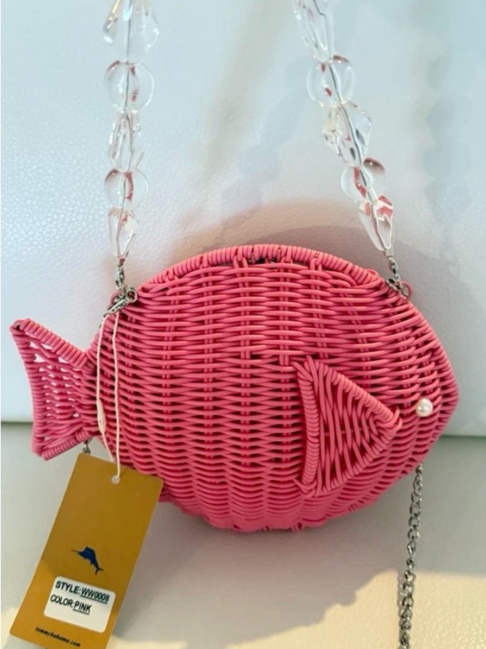Tommy Bahama Hot Pink Fish-Shaped Wicker Crossbody & Beaded Handbag Strap NWT - Picture 4 of 5